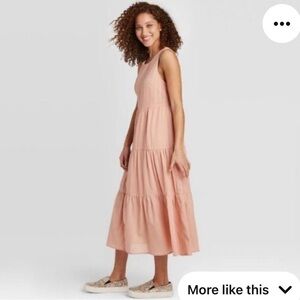 A New Day Blush Pink Boho Tiered Gauzy Linen midi dress.